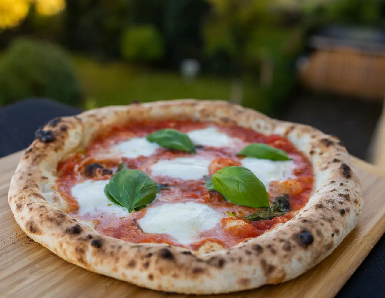 A Neapolitan Margherita with a puffy, leopard-spotted rim